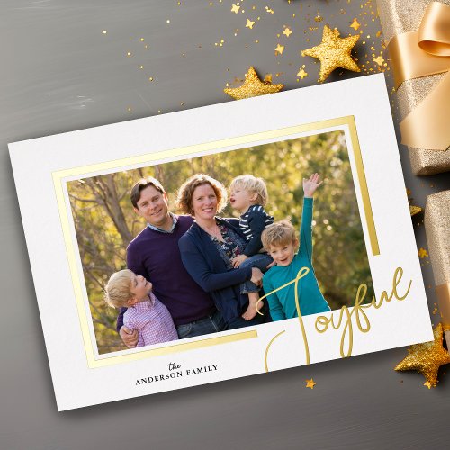 Joyful Script Modern Minimal Photo Christmas Foil  Foil Holiday Card