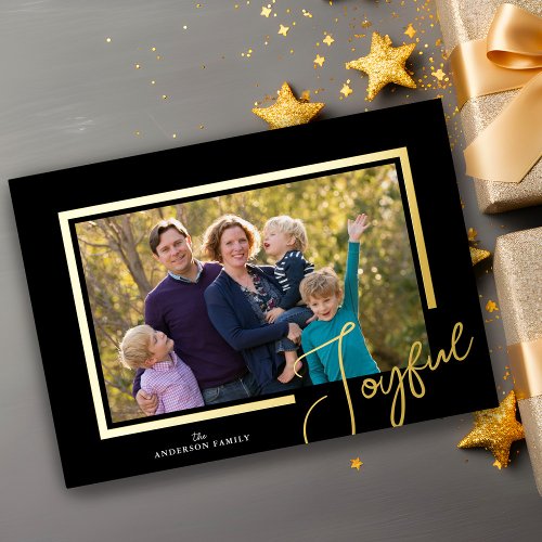 Joyful Script Modern Minimal Photo Christmas Foil Holiday Card