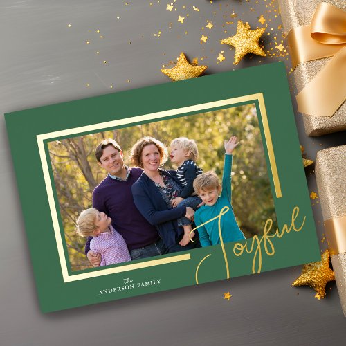 Joyful Script Modern Minimal Photo Christmas Gold Foil Holiday Card