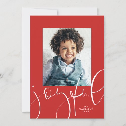 Joyful script modern red one photo Christmas Holiday Card