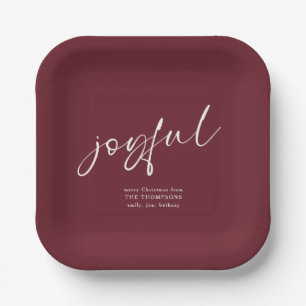 Joyful Script Name Merry Christmas Burgundy Paper Plates