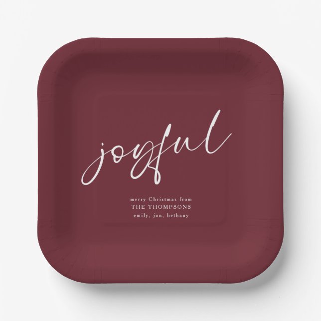 Joyful Script Name Merry Christmas Burgundy Paper Plates (Front)