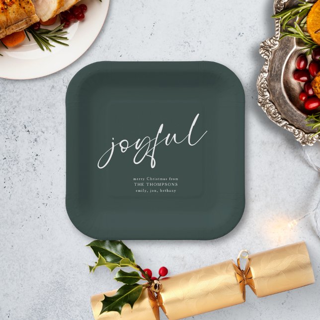 Joyful Script Name Merry Christmas Green  Paper Plates (Creator Uploaded)
