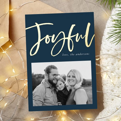 Joyful Script Navy Photo Foil Holiday Card