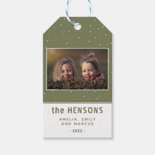 Joyful Script Olive Green Holiday Family Photo Gift Tags