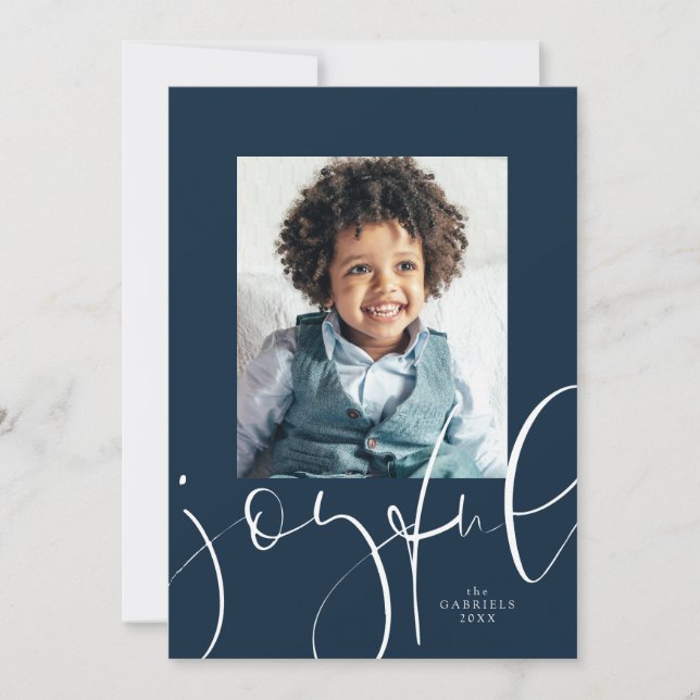 Joyful script one photo navy Christmas Holiday Card (Front)