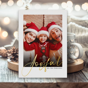 Joyful Script Photo Gold Foil Holiday Card