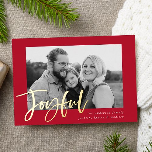 Joyful Script Red Photo Foil Holiday Card