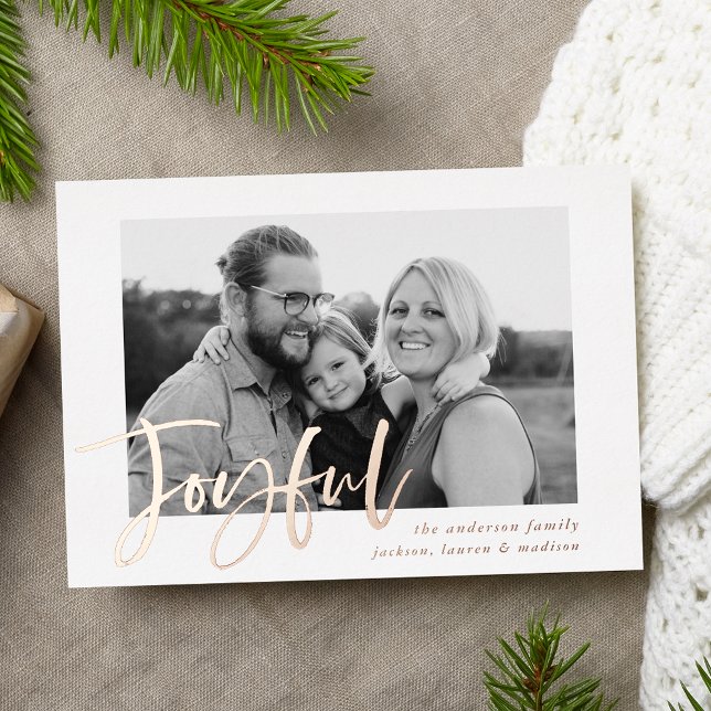Joyful Script Rose Gold Photo Foil Holiday Card (Creator Uploaded)