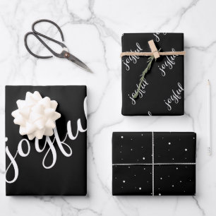 Joyful Script Snowflake Black and White Holiday  Wrapping Paper Sheets