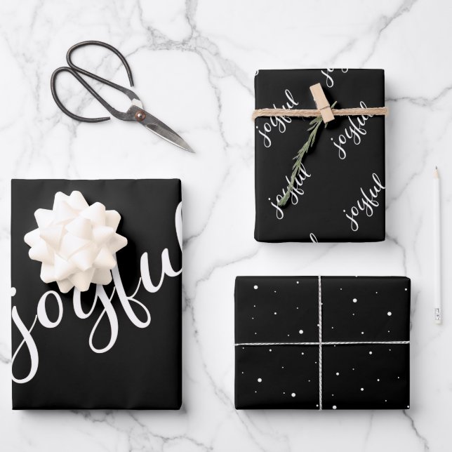 Joyful Script Snowflake Black and White Holiday  Wrapping Paper Sheets (Front)