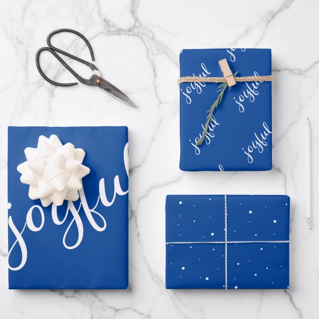 Joyful Script Snowflake Blue and White Holiday Wrapping Paper Sheets (Front)