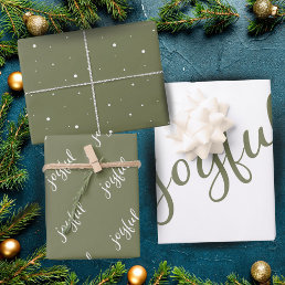 Joyful Script Snowflake Olive Green Holiday Wrapping Paper Sheets