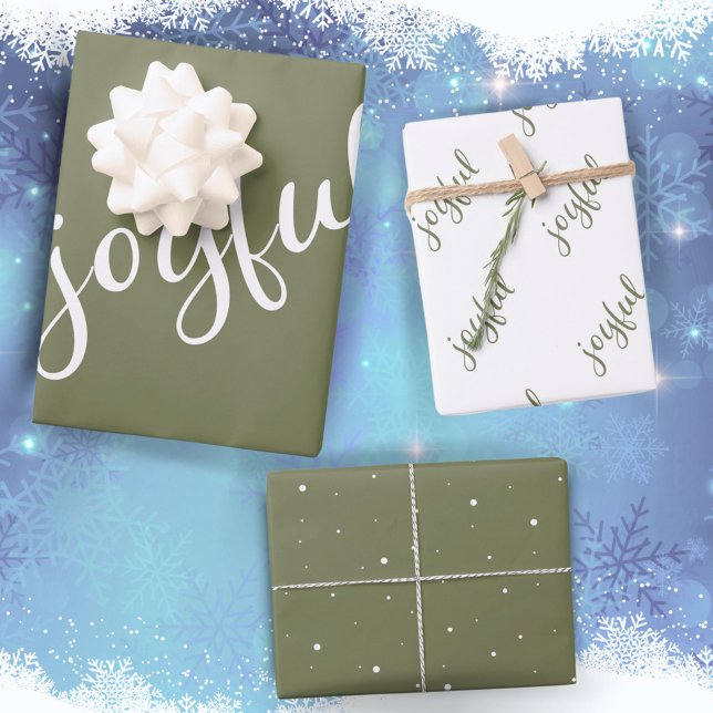 Joyful Script Snowflake Olive Green Holiday Wrapping Paper Sheets (Creator Uploaded)