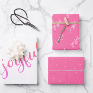 Joyful Script Snowflake Pink Holiday  Wrapping Paper Sheets