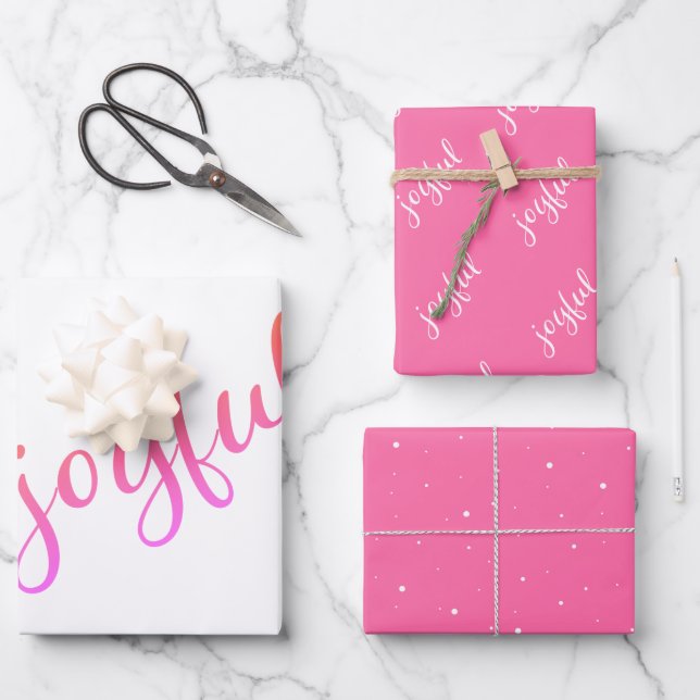 Joyful Script Snowflake Pink Holiday  Wrapping Paper Sheets (Front)