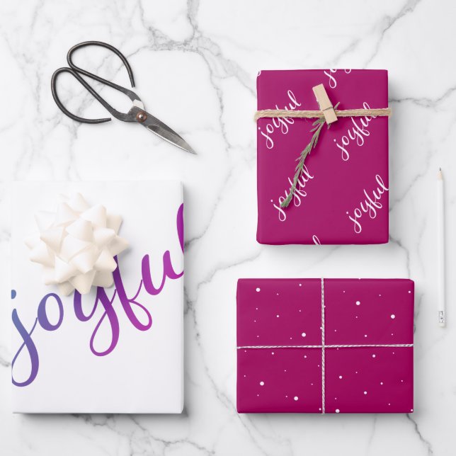 Joyful Script Snowflake Purple Holiday Wrapping Paper Sheets (Front)