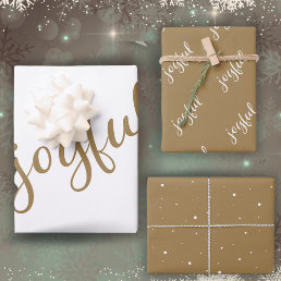 Joyful Script Snowflakes Beige Holiday Wrapping Paper Sheets