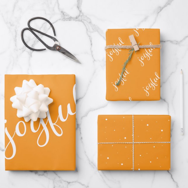 Joyful Script Snowflakes Orange Holiday Wrapping Paper Sheets (Front)