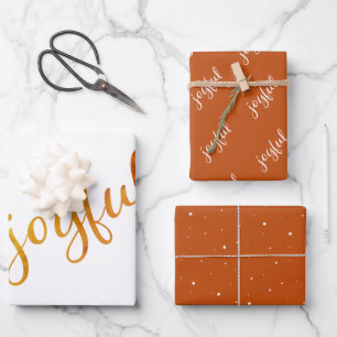Joyful Script Snowflakes Orange Holiday  Wrapping Paper Sheets