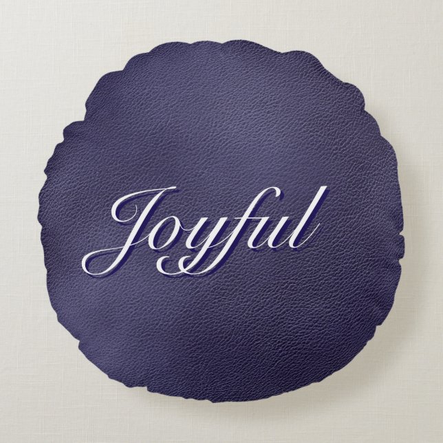 Joyful Script Typography Blue Christmas Round Pillow (Front)