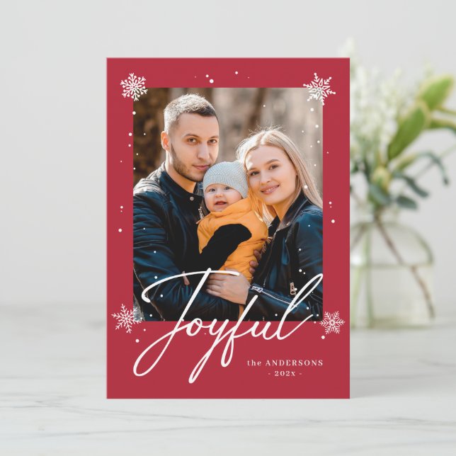 Joyful Script White Snowflakes Christmas Photo Holiday Card (Standing Front)