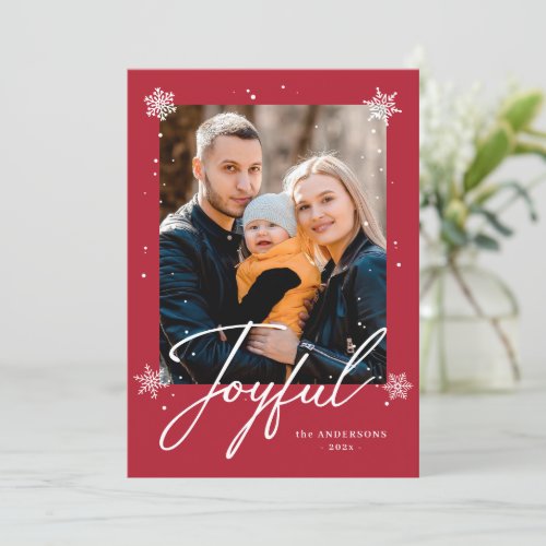 Joyful Script White Snowflakes Christmas Photo Holiday Card