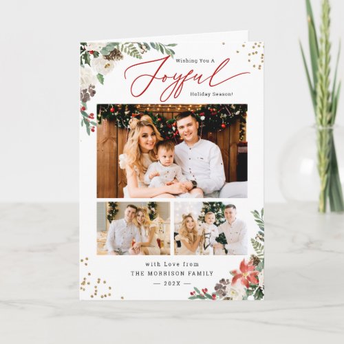 Joyful Script Winter Chic Floral 3 Photo Holiday Card