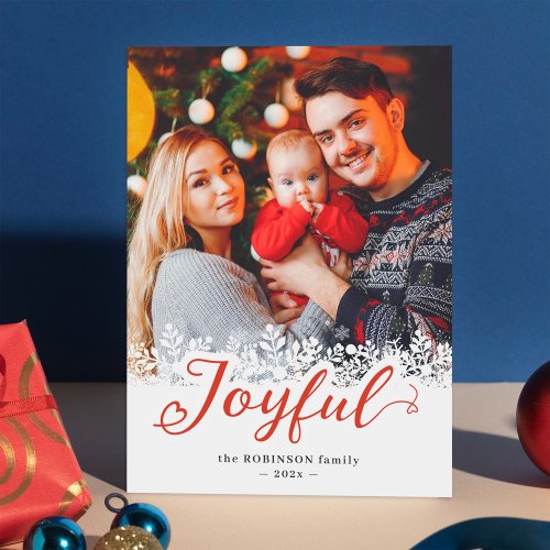 Joyful Script Winter Snowflakes Christmas Photo Holiday Card