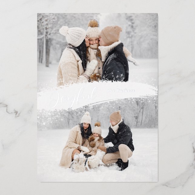 Joyful Script with Snowy Brushstroke 2-Photo Foil Holiday Card (Front)