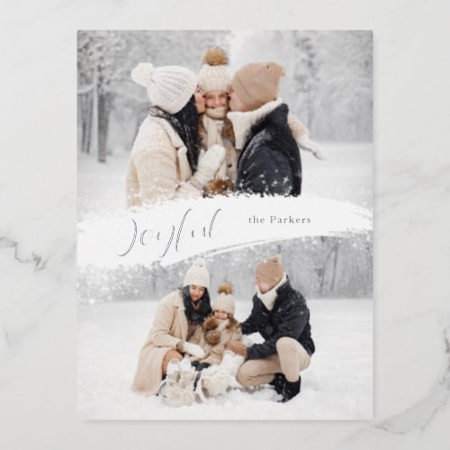 Joyful Script with Snowy Brushstroke 2_Photo Foil Holiday Postcard