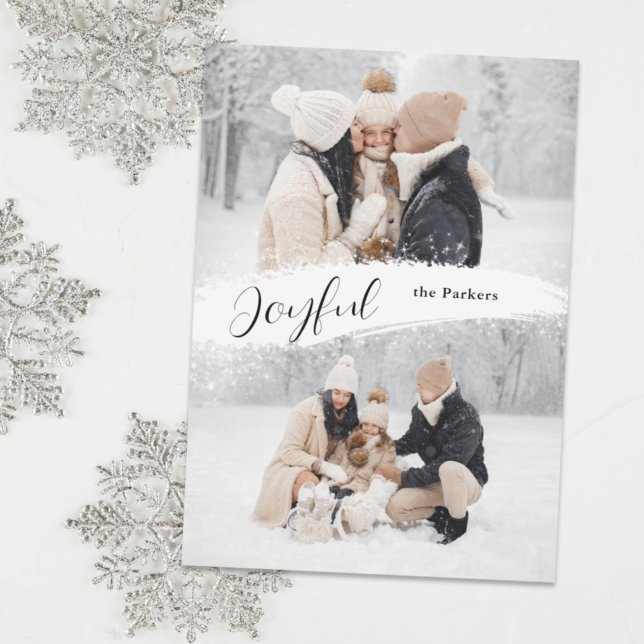 Joyful Script with Snowy Brushstroke 2-Photo Holiday Card (Creator Uploaded)