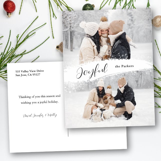 Joyful Script with Snowy Brushstroke 2-Photo Holiday Postcard (Creator Uploaded)