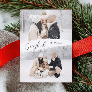 Joyful Script with Snowy Brushstroke 2-Photo Letterpress Photo Cards