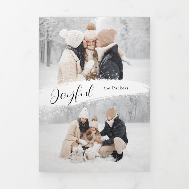 Joyful Script with Snowy Brushstroke 2-Photo Tri-Fold Card (Cover)