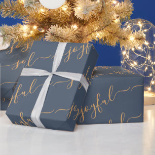 Joyful Scroll Text On Dark Blue Christmas Wrapping Paper
