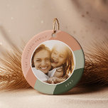 Joyful Shades | Custom Name & Year Photo Ceramic Ornament<br><div class="desc">Add a favorite photo to this square ornament for a festive and memorable addition to your tree! Round Design features a favorite photo on each side,  on a background of organic wavy stripes in shades of forest green and warm peach. Personalize with the year and your family name.</div>