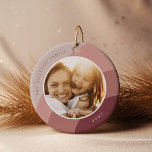Joyful Shades | Custom Name & Year Photo Ceramic Ornament<br><div class="desc">Add a favorite photo to this square ornament for a festive and memorable addition to your tree! Round Design features a favorite photo on each side,  on a background of organic wavy stripes in soft shades of cranberry red. Personalize with the year and your family name.</div>
