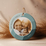 Joyful Shades | Custom Name & Year Photo Ceramic Ornament<br><div class="desc">Add a favorite photo to this square ornament for a festive and memorable addition to your tree! Round Design features a favorite photo on each side,  on a background of organic wavy stripes in soft shades of sage and spruce green. Personalize with the year and your family name.</div>
