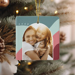 Joyful Shades | Custom Name & Year Photo Ceramic Ornament<br><div class="desc">Add a favorite photo to this square ornament for a festive and memorable addition to your tree! Design features a vertical or portrait oriented photo in a unique arched layout, on a background of organic wavy stripes in shades of light spruce green and cranberry red. Personalize the front with the...</div>