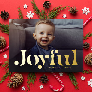 Joyful simple modern one photo Christmas Foil Holiday Card