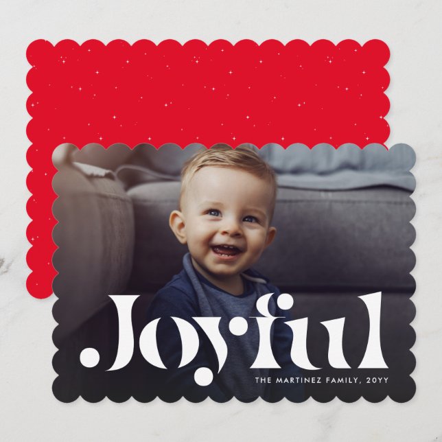 Joyful simple one photo red holiday card (Front/Back)
