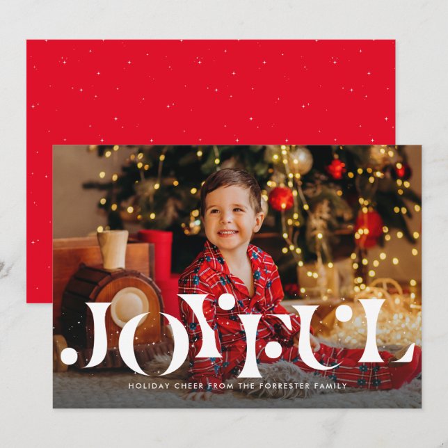 Joyful simple one photo red holiday card (Front/Back)