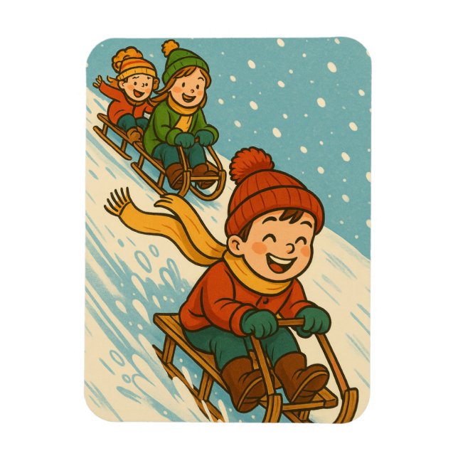 Joyful Sled Ride – Cute Kids Sleigh Riding Winter Magnet (Vertical)