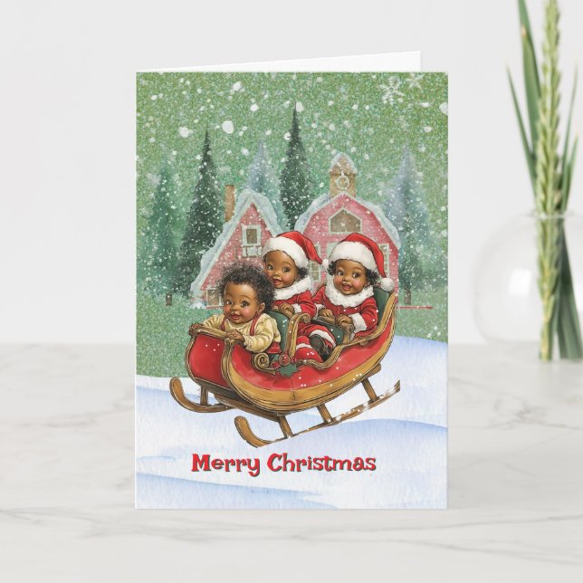 Joyful Sleigh Ride African American Kids Holiday Card (Front)