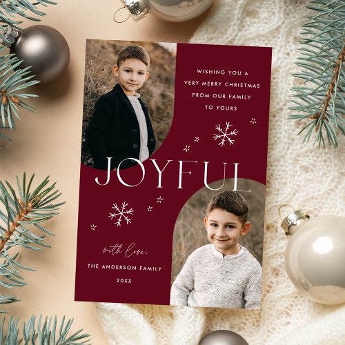 Joyful Snowflake Cranberry Arch Frame 2 Photo Holiday Card