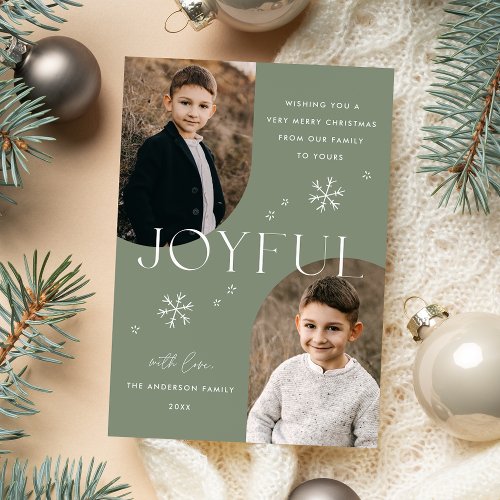 Joyful Snowflake Sage Green Arch Frame 2 Photo Holiday Card