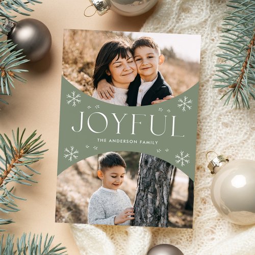 Joyful Snowflake Sage Green Oval Arch 2 Photo Holiday Card