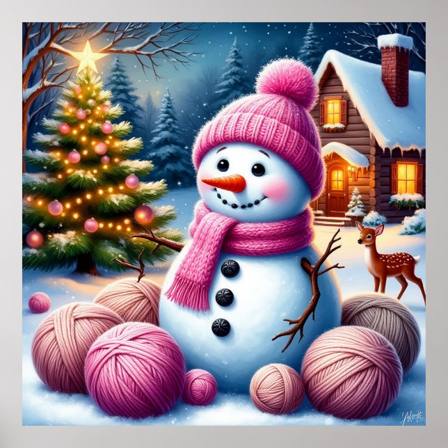 Joyful Snowman by Christmas Tree in a Cozy Winter Poster (Front)