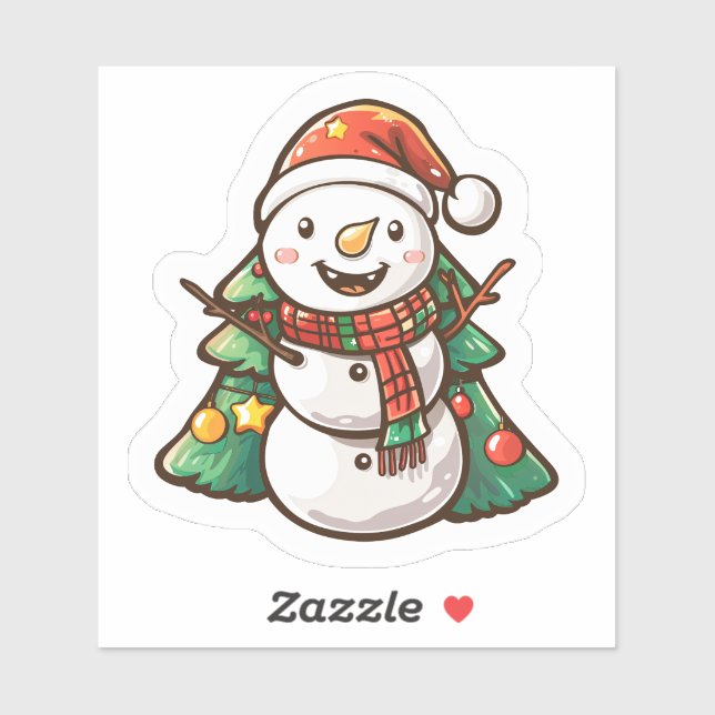 Joyful Snowman With Christmas Trees Sticker (Sheet)